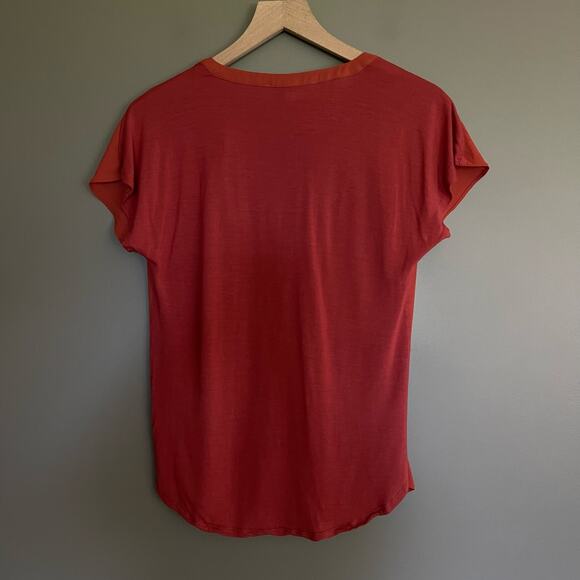 LOFT Split Neck Shirred Flutter Tee Top Size Small Lightweight Mixed Media Shell - Picture 7 of 11